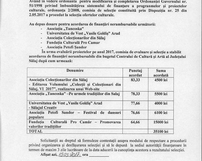 Rezultatele selecţionării proiectelor culturale pentru acordarea de finanţări nerambursabile
