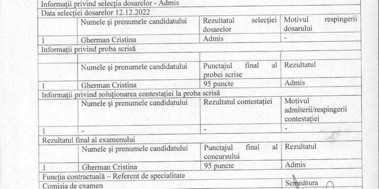 Raport final al examenului de promovare în grad/treaptă pentru funcția de Referent de specialitate