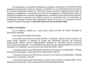 ANUNŢ PUBLIC privind organizarea concursului de proiecte de management pentru ocuparea funcţiei de Manager la Centrul de Cultură şi Artă al Judeţului Sălaj