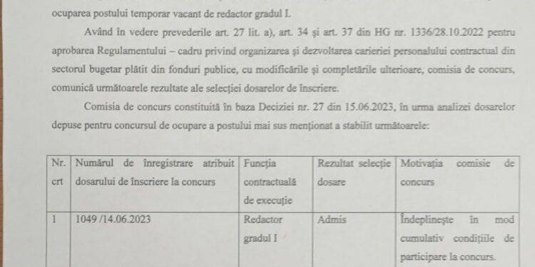 Selecția dosarelor la concursulpentru ocuparea postului redactor gradul I