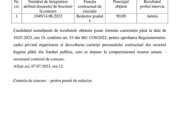 Centralizator nominal cu punctajul obtinu la concursul pentru ocuparea postului de redactor