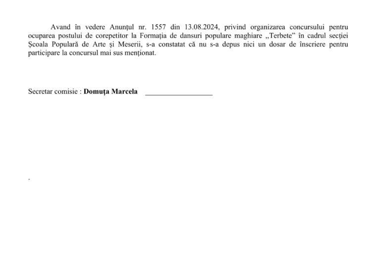 Proces verbal de constatare nedepunere dosare de concurs pentru ocuparea postului de corepetitor