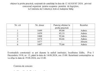 Rezultatul obținut la proba practică pentru ocuparea postului de îngrijitor