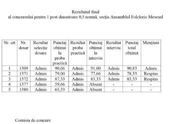 Rezultatul final  al concursului pentru 1 post dansatoare 0,5 normă, secția Ansamblul Folcloric Meseșul
