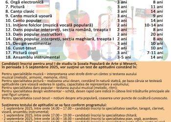 Înscrieri în anul I de studii pentru anul şcolar 2025-2026 / Școala Populară de Arte și Meserii