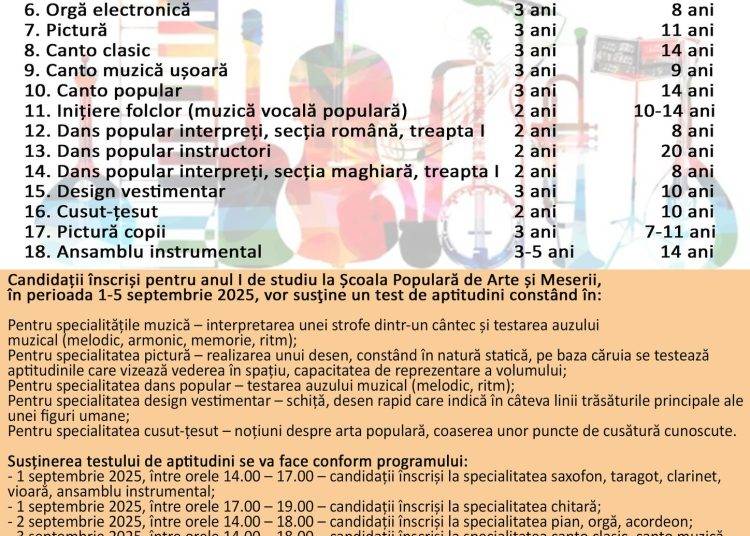 Înscrieri în anul I de studii pentru anul şcolar 2025-2026 / Școala Populară de Arte și Meserii